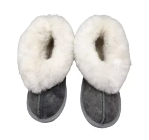 Snoogzzz Genuine Sheep Wool Slippers Unisex - Grey / White - UK 5