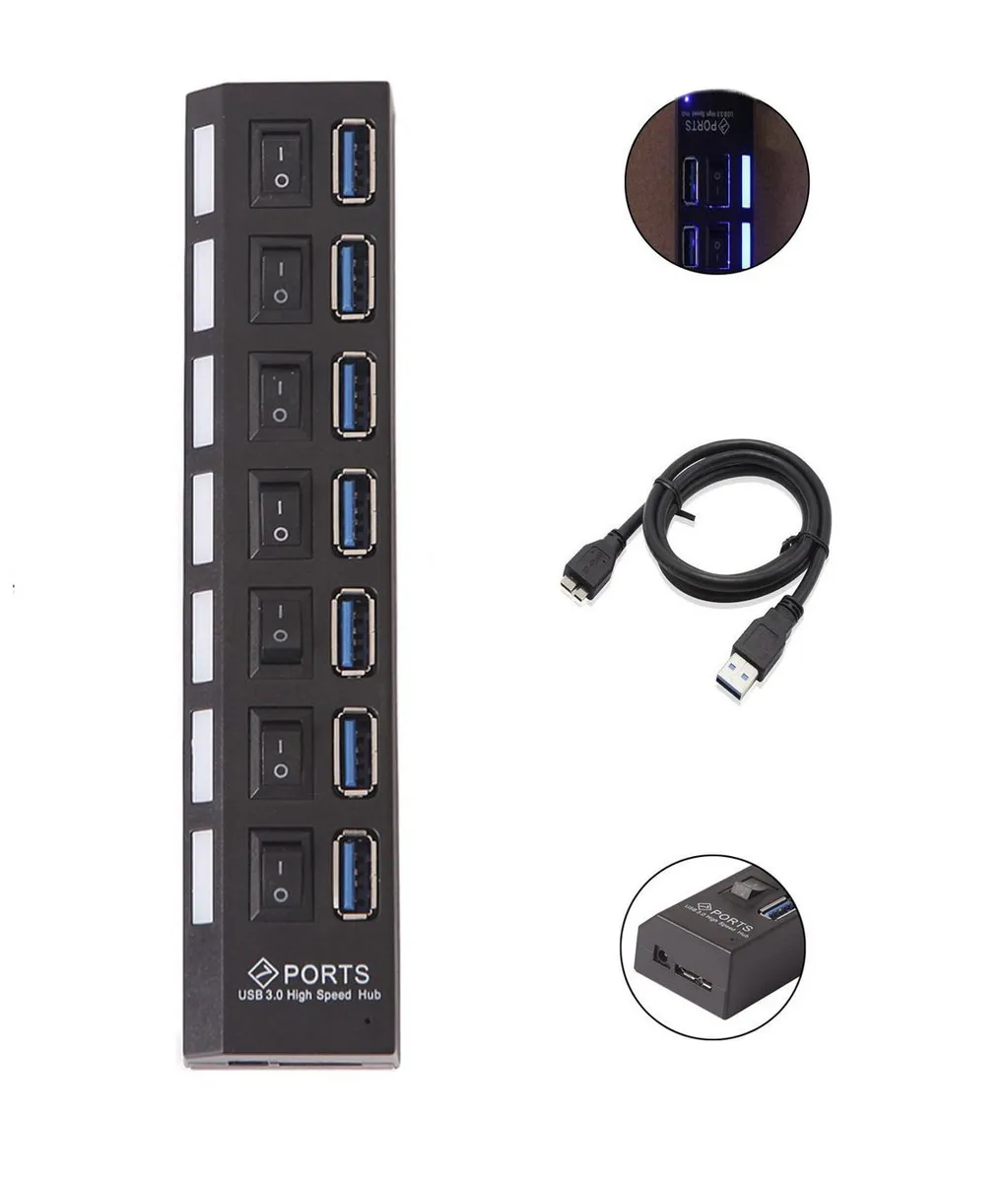 7 Port SuperSpeed USB 3,0 Hub with Individual On/Off Switches (New)