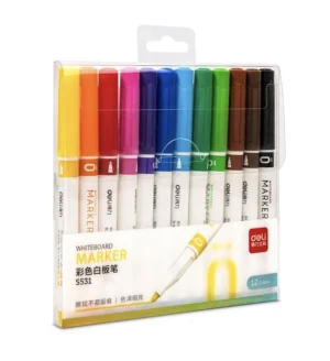Deli Whiteboard Marker Bullet Tip 1.3mm, 12 Assorted Colors (New)