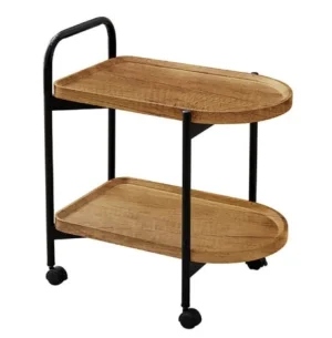 2 Tier Nordic Style Portable Wooden Movable Side Table with Wheels - Removable Coffee Table Cart with Storage Rack (New)
