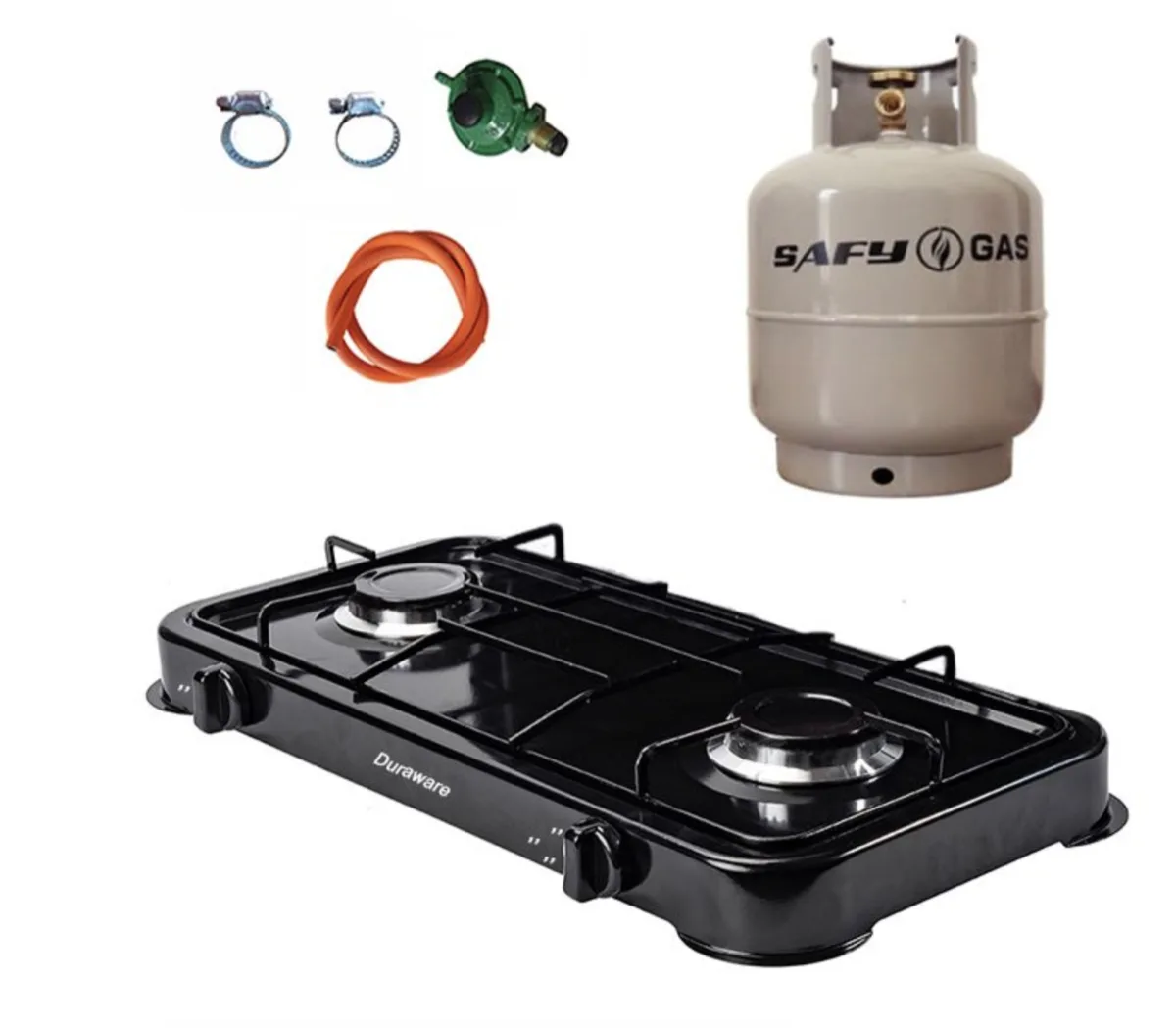 Black 2 Plate Gas Stove with Fittings Gas Cylinder - 5kgDeals (New)