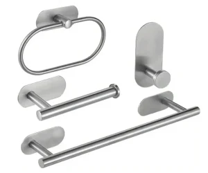DIY 4-Piece Self-Adhesive Bathroom Accessory Set - Silver - Towel rail Toilet paper holder Door hook Towel rack Hand towel holder (New)