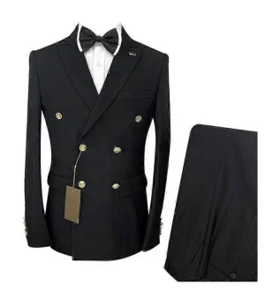 Mens 2 Piece Double Breasted Formal Suit - Black with gold buttons - 40 x 56 (New)