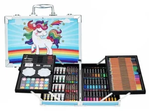 145 Pcs Of Art Set With Unicorn Design Aluminum Box - Blue - Kids Learning Painting Art Set (New)