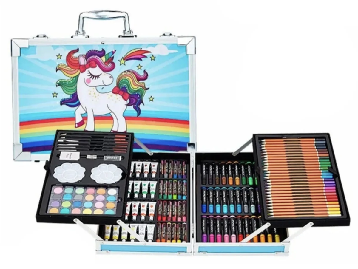 145 Pcs Of Art Set With Unicorn Design Aluminum Box - Blue - Kids Learning Painting Art Set (New)