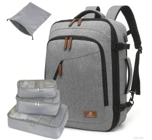 Expandable Travel Backpack Airline Approved Backpack with 4 Accessory Bags - Grey (New)
