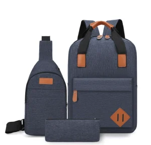 Handbag Crossbody Bag Laptop Backpack With External USB Port - Set of 3 - Blue - Unisex (New)