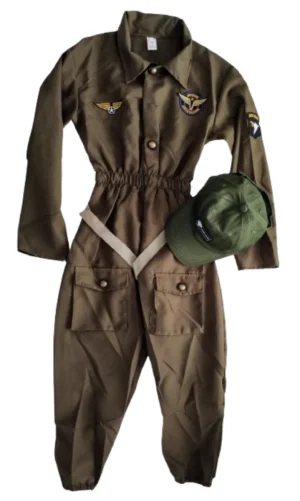 Kids Flight Coverall With Patches And Cap - Green / Brown - S (New)