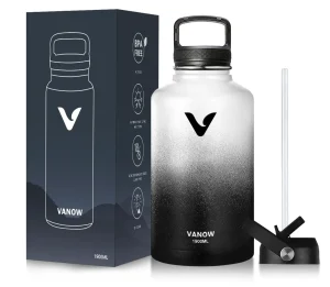 VANOW 1.9L Stainless Steel Double Wall Leak Proof Water Bottle with lid - White Black (New, packaging damaged / no packaging)